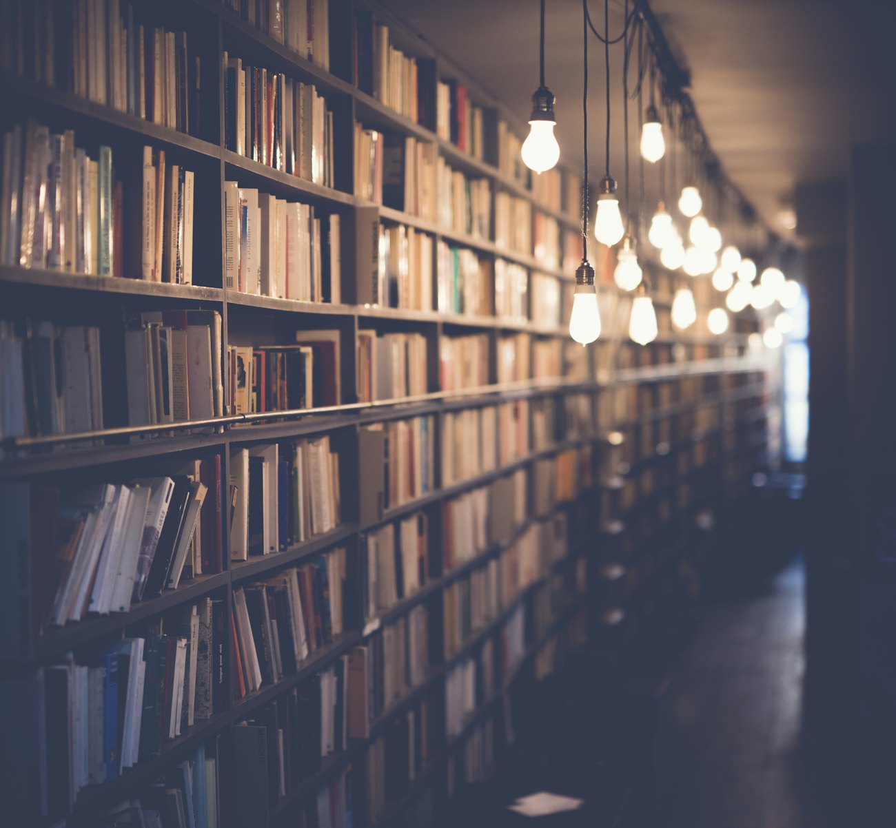 Long aisle of an institutional archive, receding into soft light.